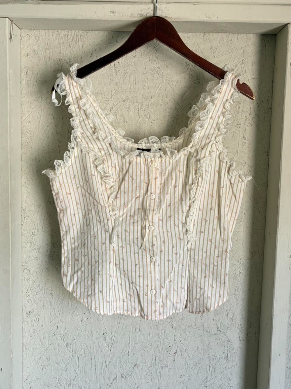Vintage cotton striped lace trim button up blouse size